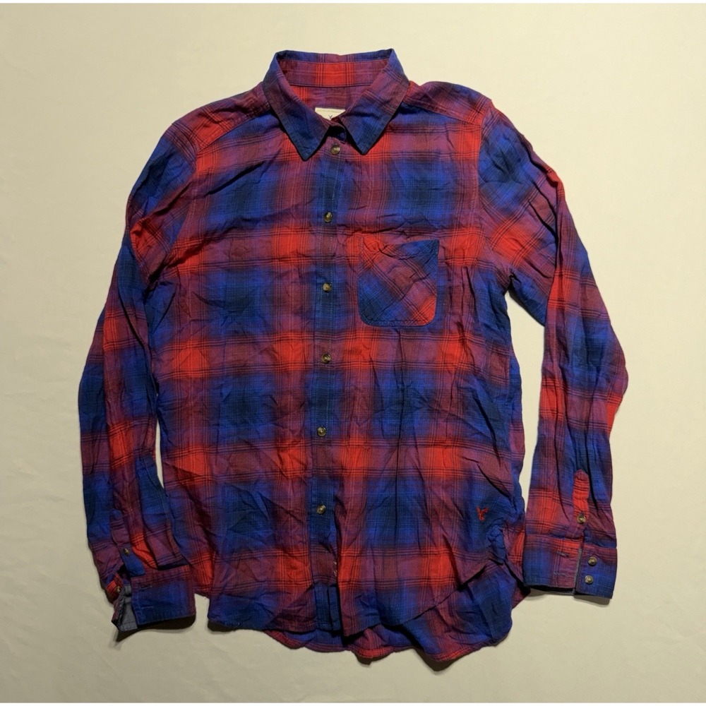 Vintage American Eagle Boyfriend Flannel Shirt Medium Red Blue Plaid Button Up